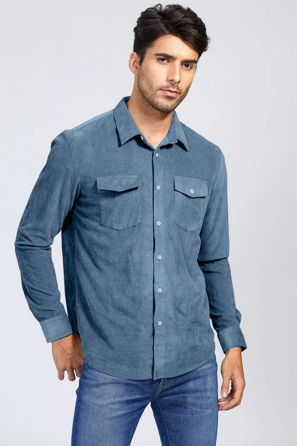 JMIERR Men's Corduroy Button Down Shirts Casual Long Sleeve Shacket Jacket with Flap Pockets