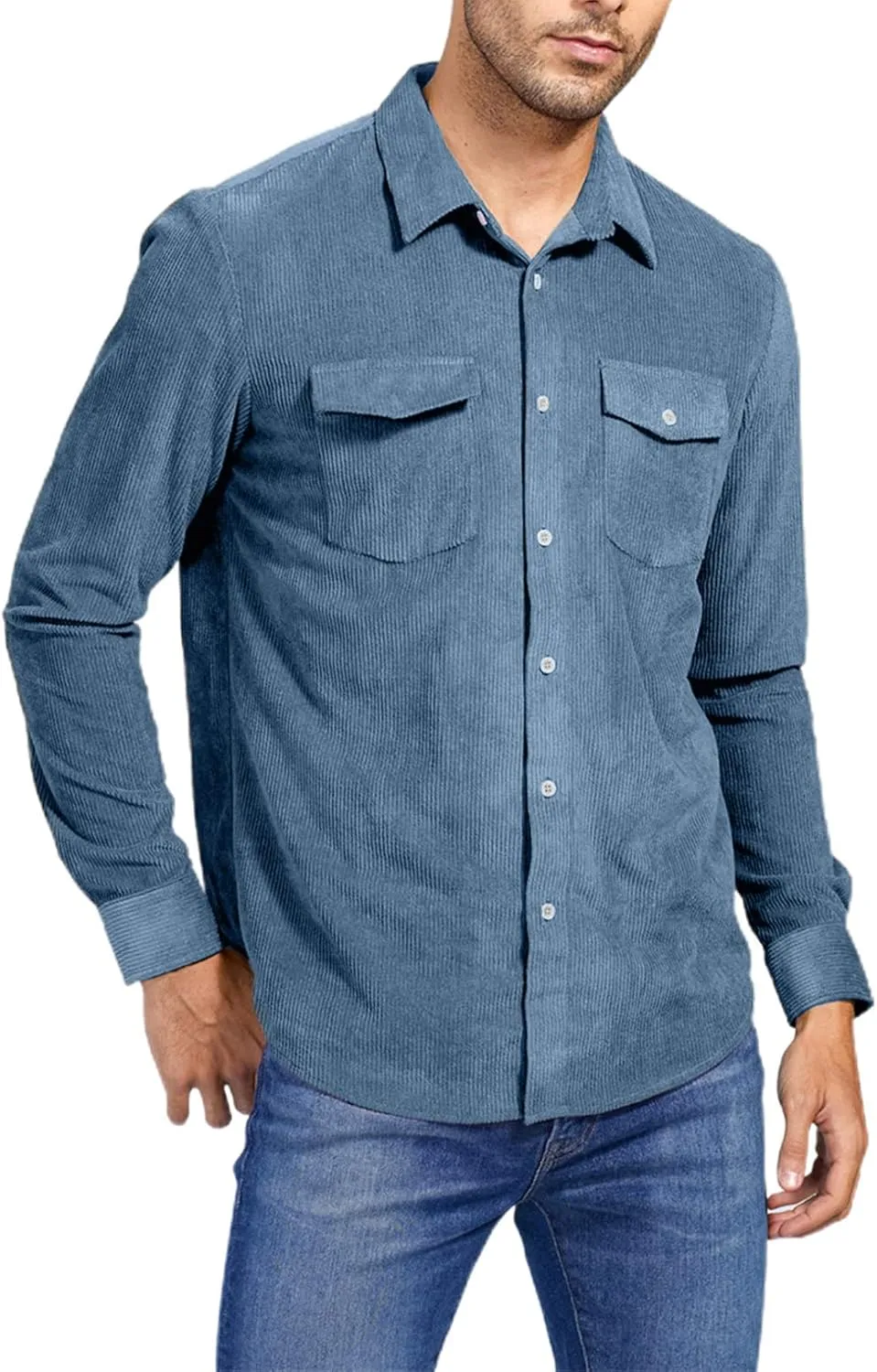 JMIERR Men's Corduroy Button Down Shirts Casual Long Sleeve Shacket Jacket with Flap Pockets