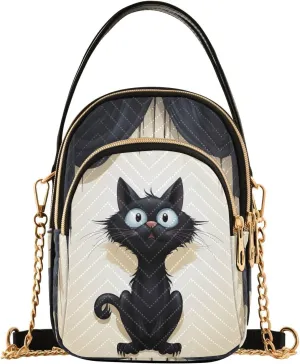 Joko Ivery Cartoon Black Cat Curtain Multi Pockets Crossbody Bags for Women Zip Cell Phone Purse Wallet Bag with Detachable Shoulder Strap Shoulder Purse for Women Girls Shopping Traveling Gift