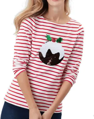 Joules Harbour Luxe Long Sleeve Jersey Top, Christmas Pudding, 12