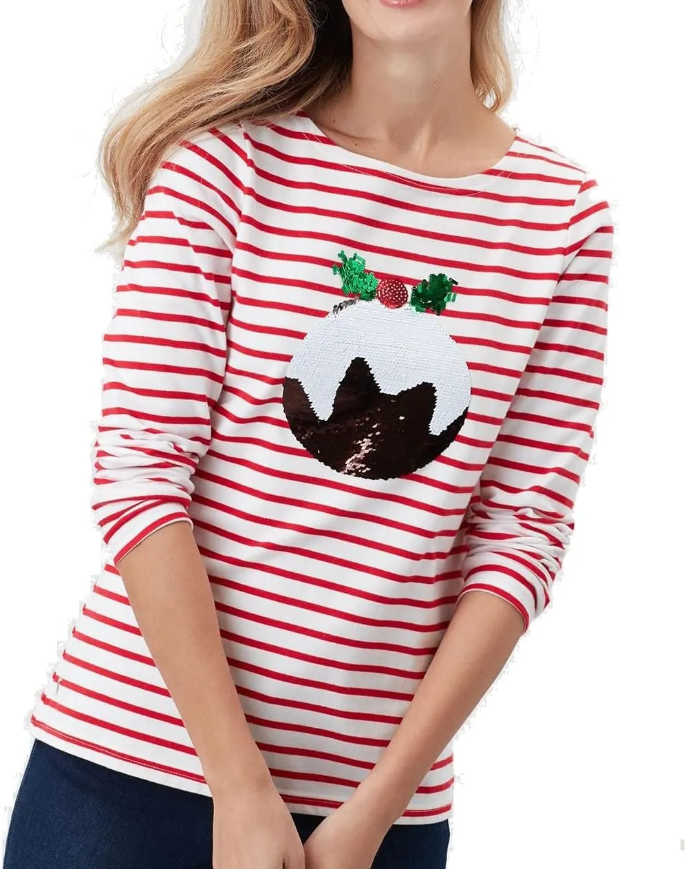 Joules Harbour Luxe Long Sleeve Jersey Top, Christmas Pudding, 12