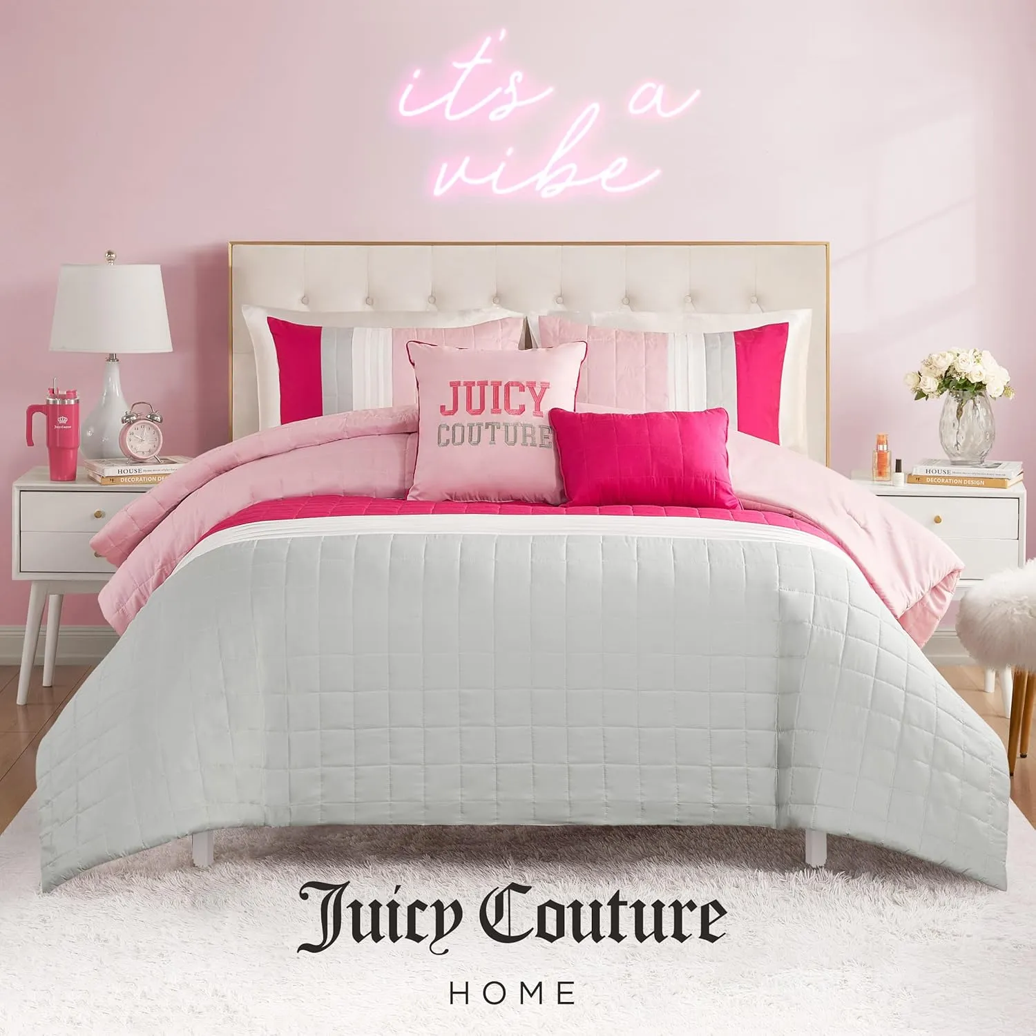 Juicy Couture Color Blocked King Striped 5-Piece Comforter Set - Pink/White/Grey Designer Bedding Set