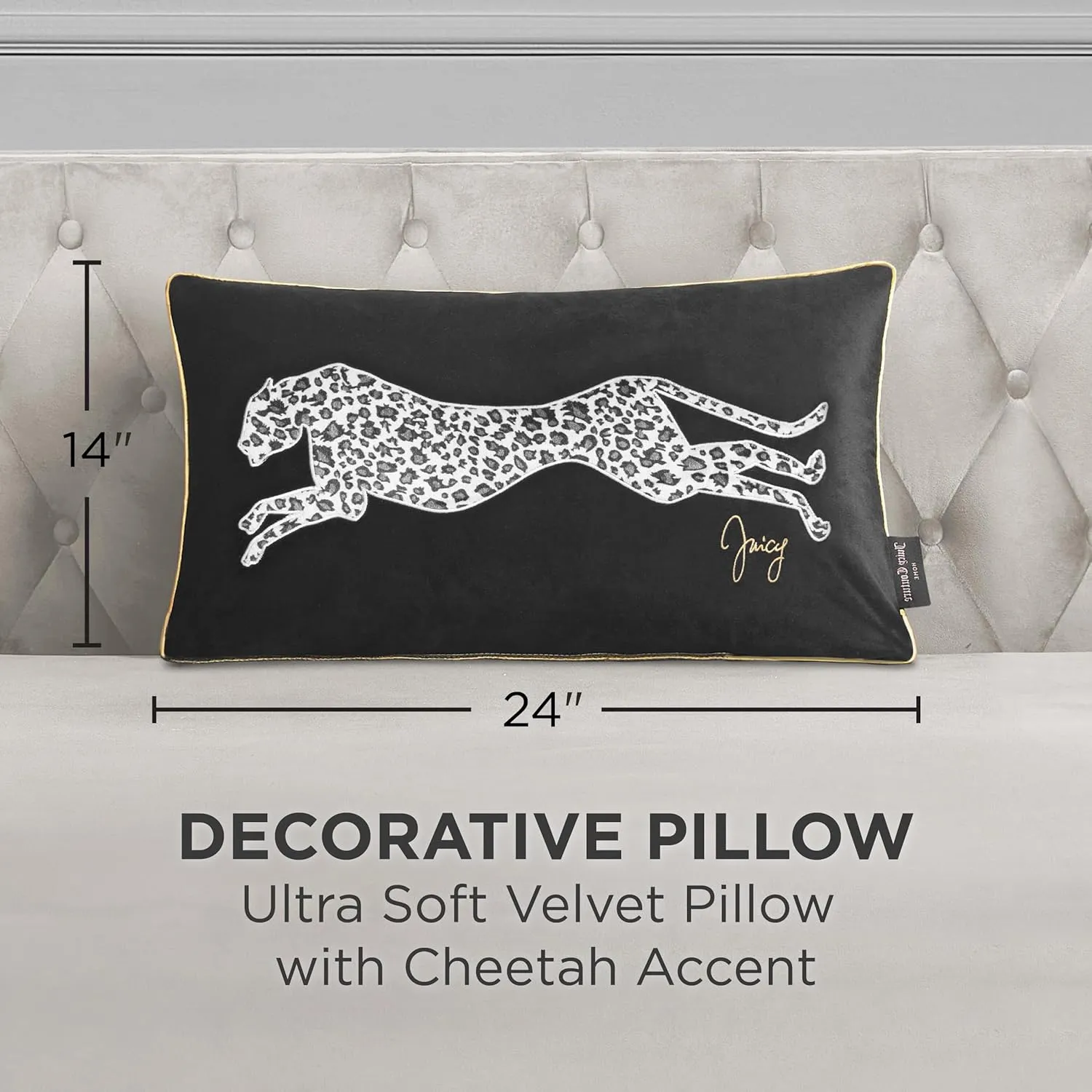 Juicy Couture Rectangle 1-Piece Decorative Accent, Premium Reversible Throw Pillow, Living Room and Bedroom Décor, 14"x24", Cheetah Black