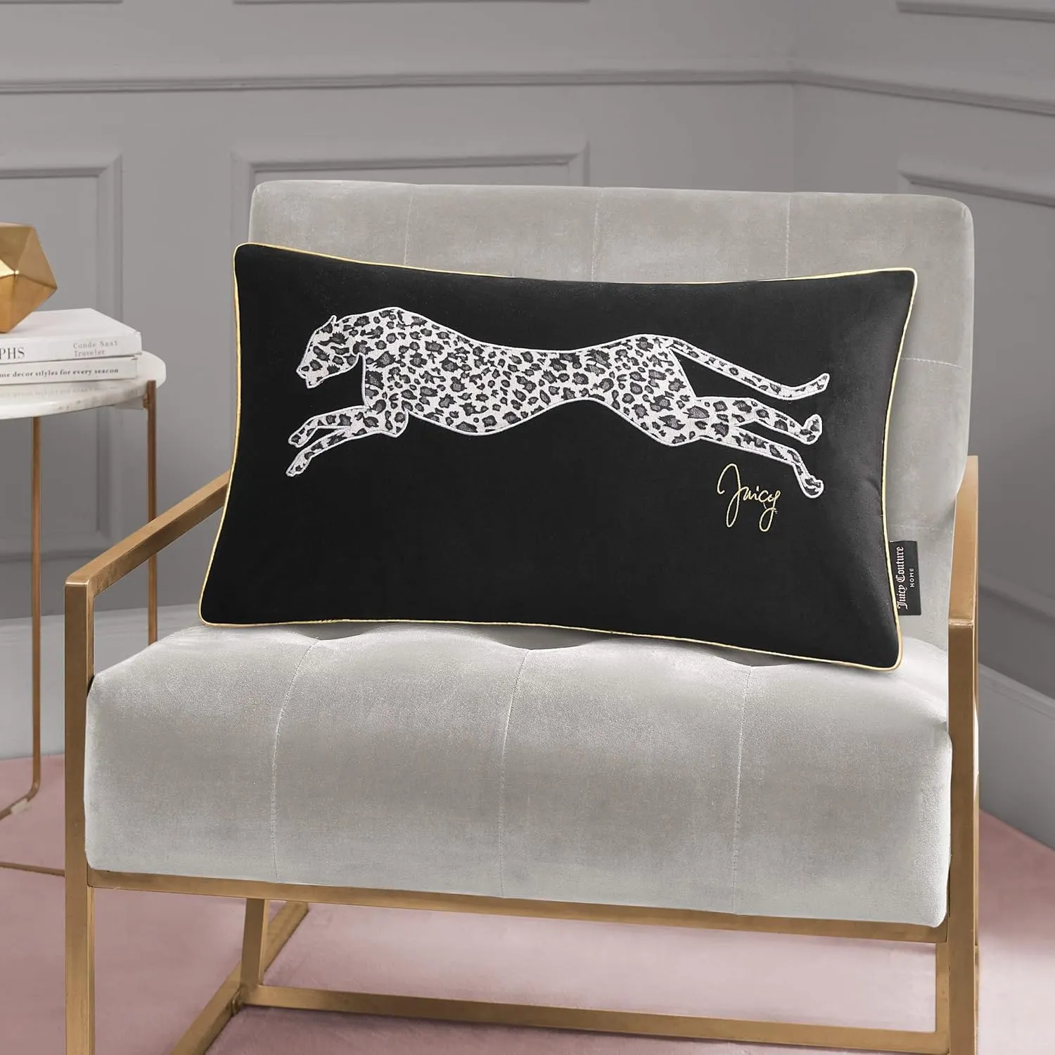 Juicy Couture Rectangle 1-Piece Decorative Accent, Premium Reversible Throw Pillow, Living Room and Bedroom Décor, 14"x24", Cheetah Black