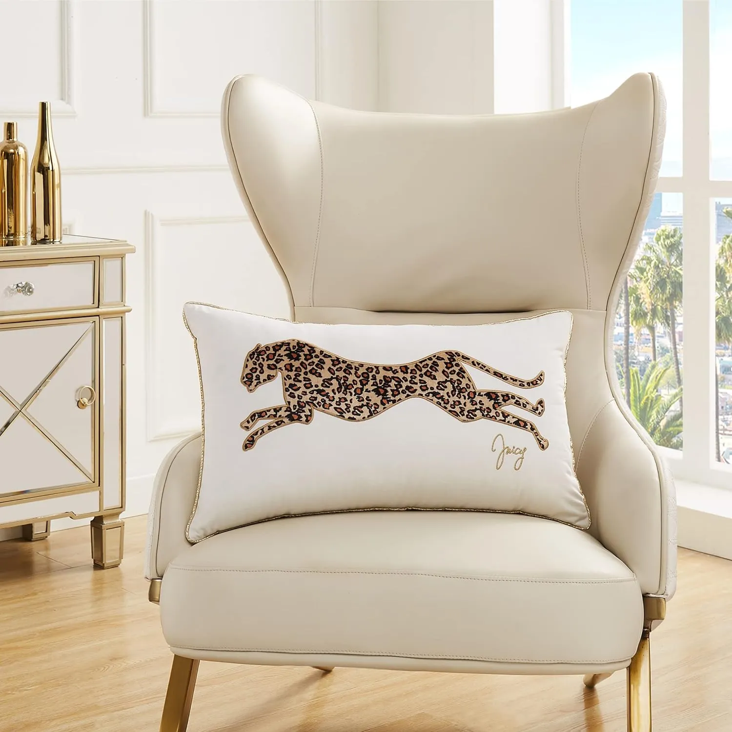 Juicy Couture Rectangle 1-Piece Decorative Accent, Premium Reversible Throw Pillow, Living Room and Bedroom Décor, 14"x24", Cheetah White