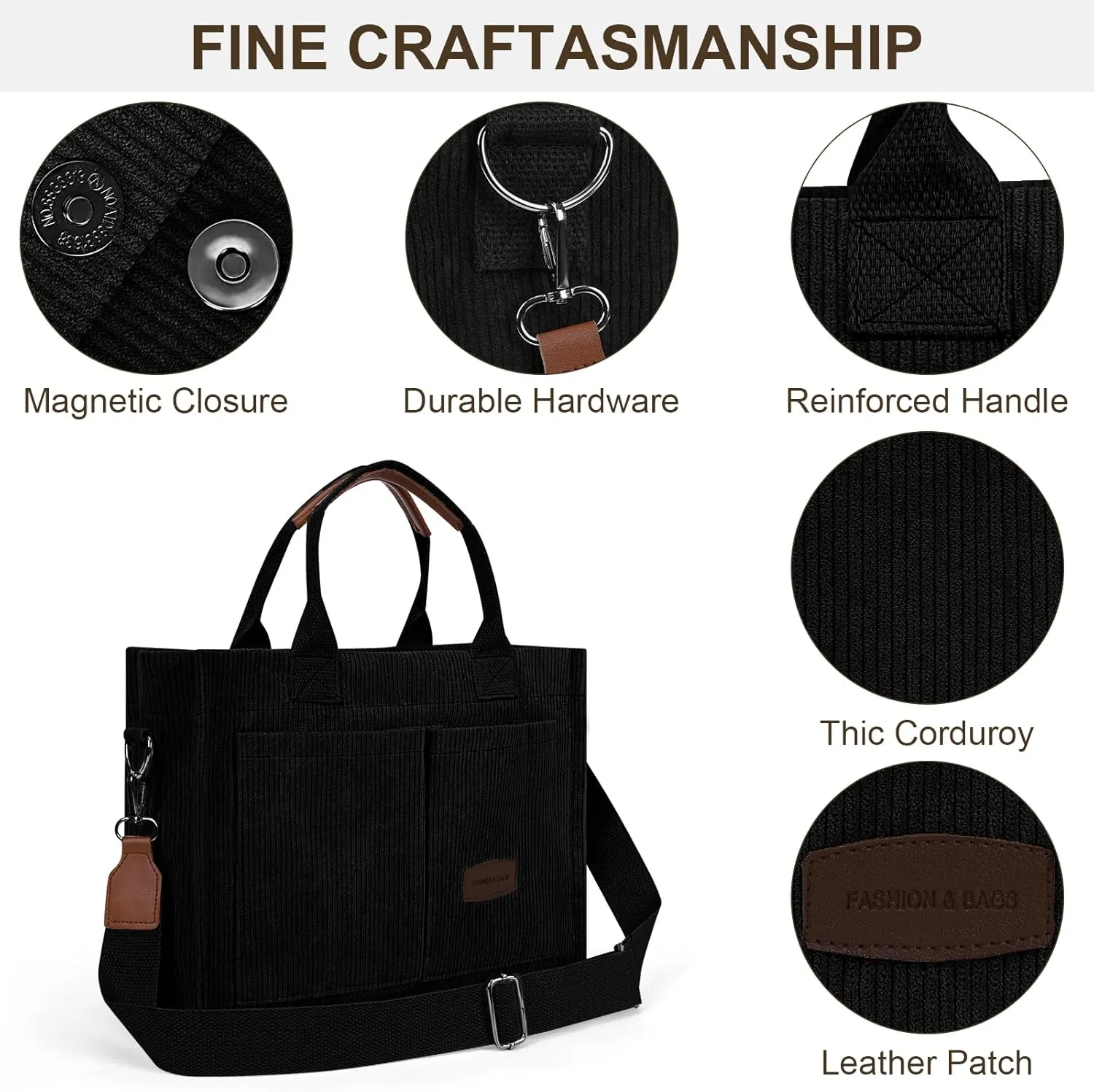 Juoxeepy Corduroy Tote Bag with Multi Pockets Women Fall Winter Bag Shoulder Crossbody Tote Bag Work College Handbag