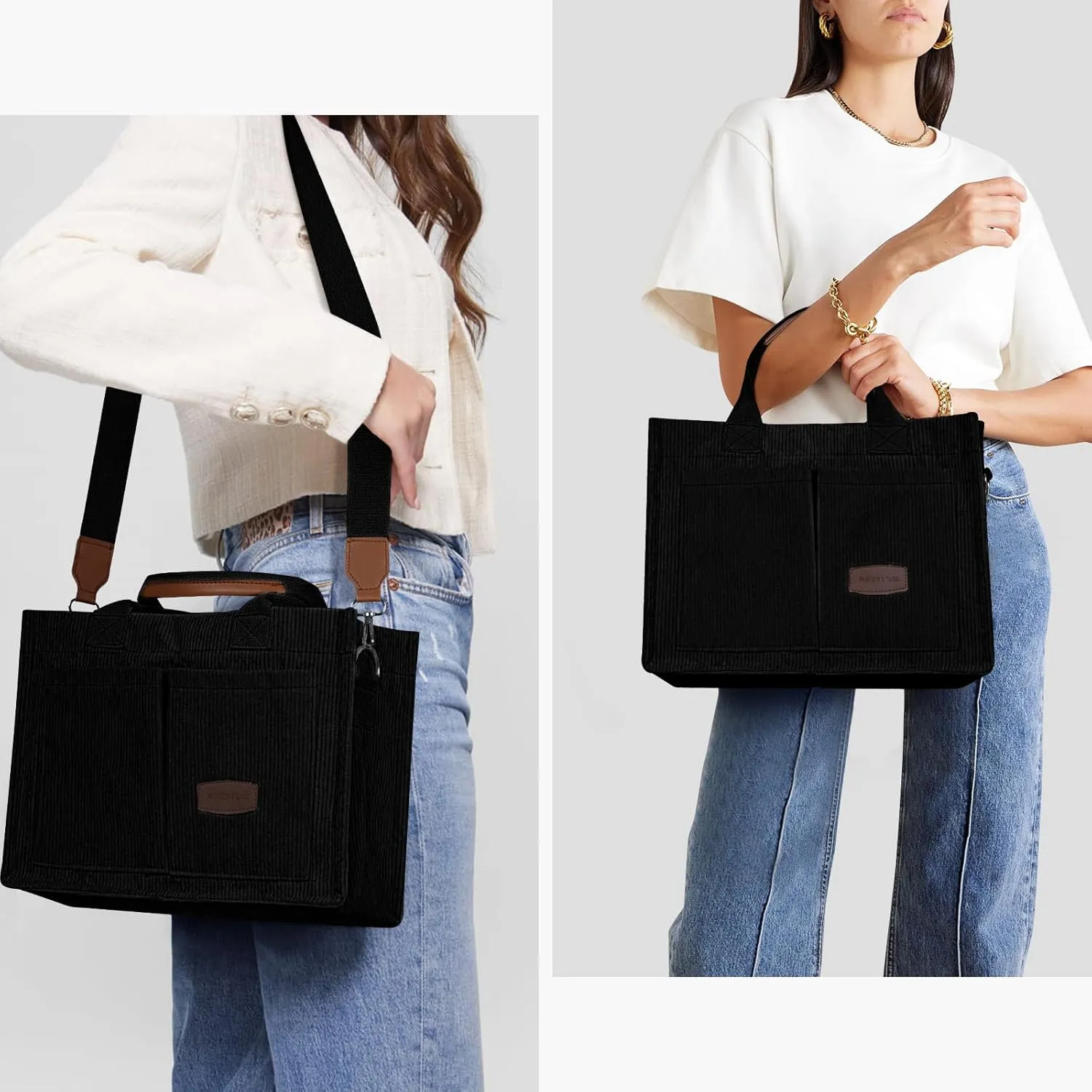 Juoxeepy Corduroy Tote Bag with Multi Pockets Women Fall Winter Bag Shoulder Crossbody Tote Bag Work College Handbag