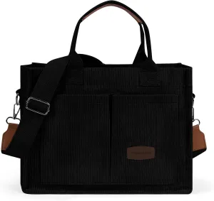 Juoxeepy Corduroy Tote Bag with Multi Pockets Women Fall Winter Bag Shoulder Crossbody Tote Bag Work College Handbag