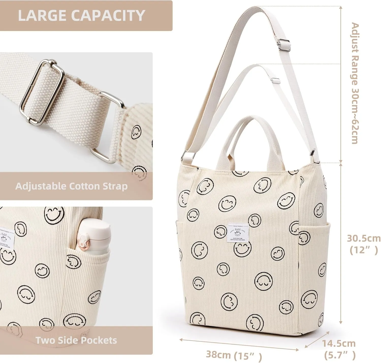 KALIDI Corduroy Tote Bag, Large Messenger Bag Shoulder Hobo Anti Splash Crossbody Zipper Bag Casual Work Shopping Women