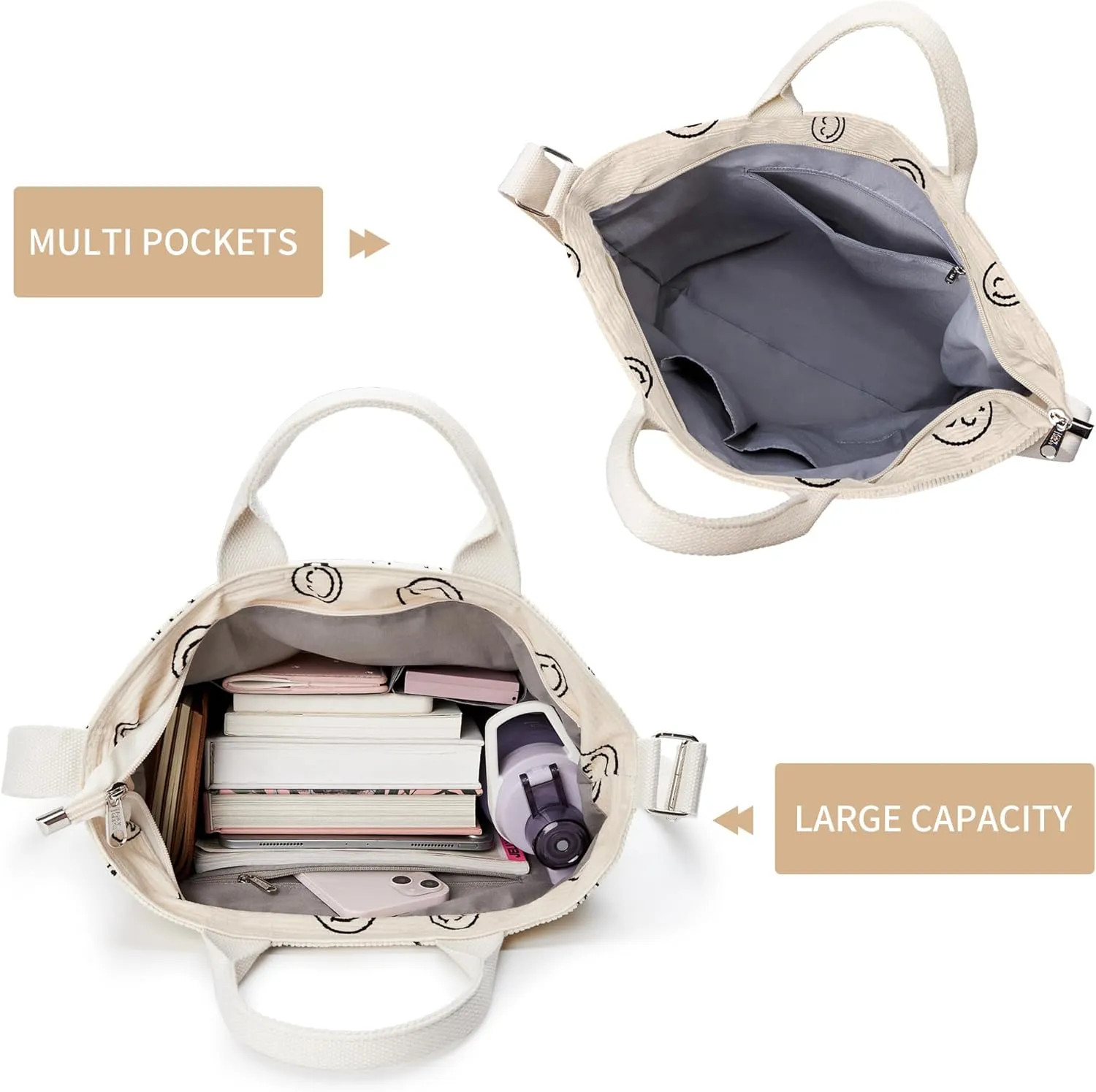 KALIDI Corduroy Tote Bag, Large Messenger Bag Shoulder Hobo Anti Splash Crossbody Zipper Bag Casual Work Shopping Women