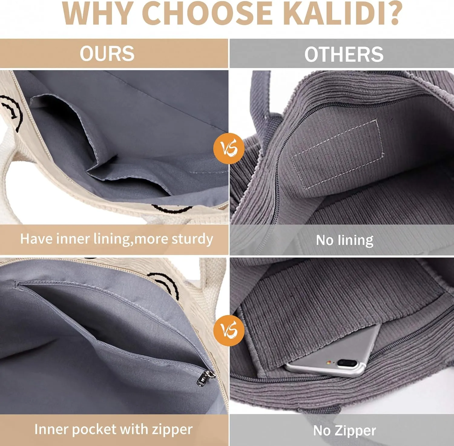 KALIDI Corduroy Tote Bag, Large Messenger Bag Shoulder Hobo Anti Splash Crossbody Zipper Bag Casual Work Shopping Women