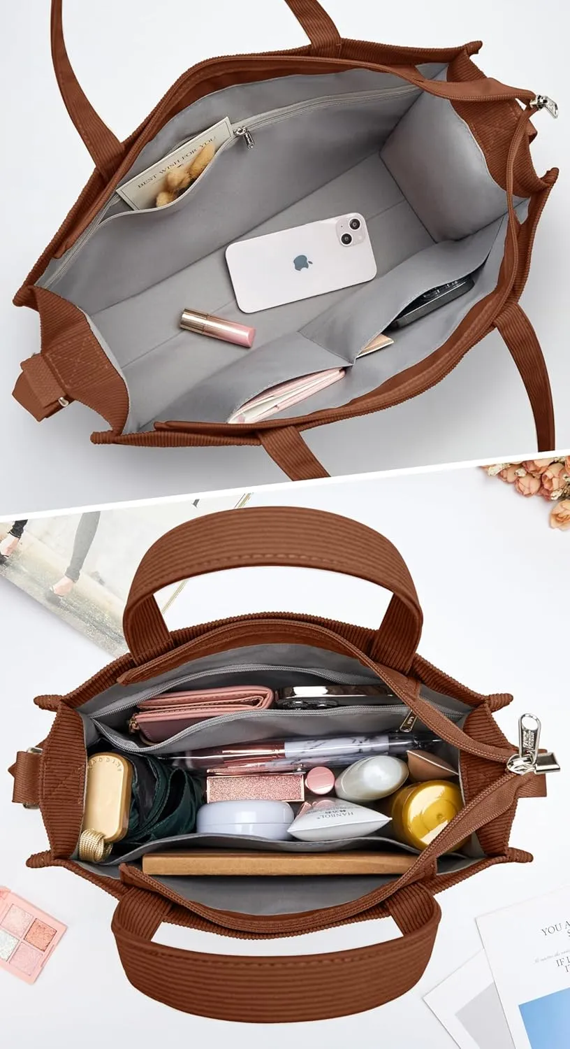 KALIDI Tote Bag for Women Corduroy Crossbody Bag Casual Zipper Tote Fashion Shoulder Handbag Hobo bag with Pockets