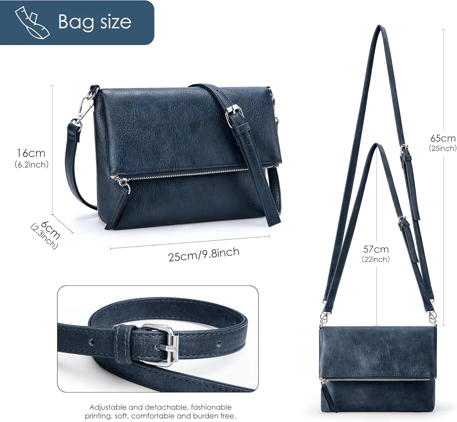 KALIDI Vintage Vegan Leather Crossbody Bag PU Shoulder Bag Handbag Multiple Pockets Adjustable Removable Strap Women