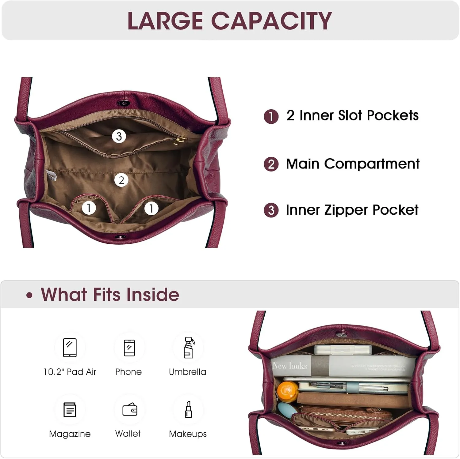 Kattee Leather Tote Bags for Women, Casual Shoulder Hobo Purses and Handbags, Top Magnetic Snap Closure