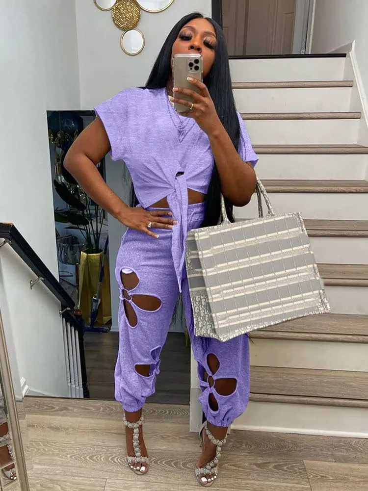 KEYUFANG Women 2 Piece Outfits Set Casual Crop Top Shirt Hollowed Out Sweatpants Women Fashion Tracksuit