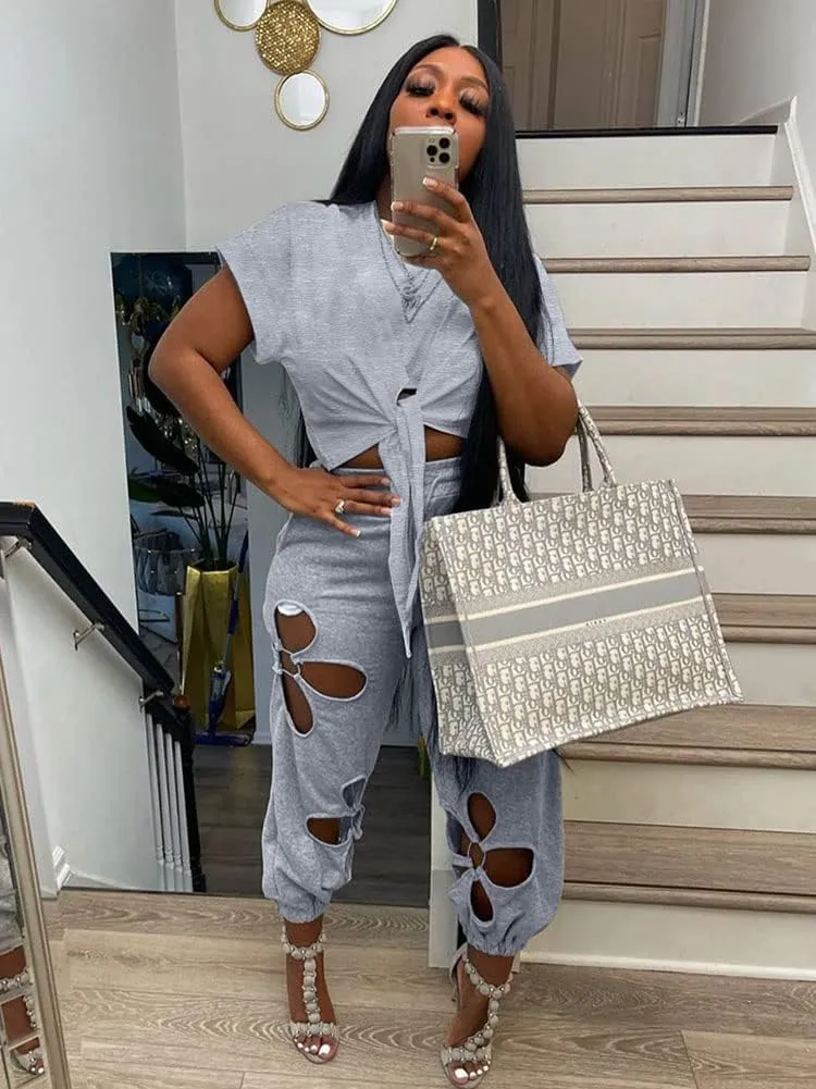 KEYUFANG Women 2 Piece Outfits Set Casual Crop Top Shirt Hollowed Out Sweatpants Women Fashion Tracksuit