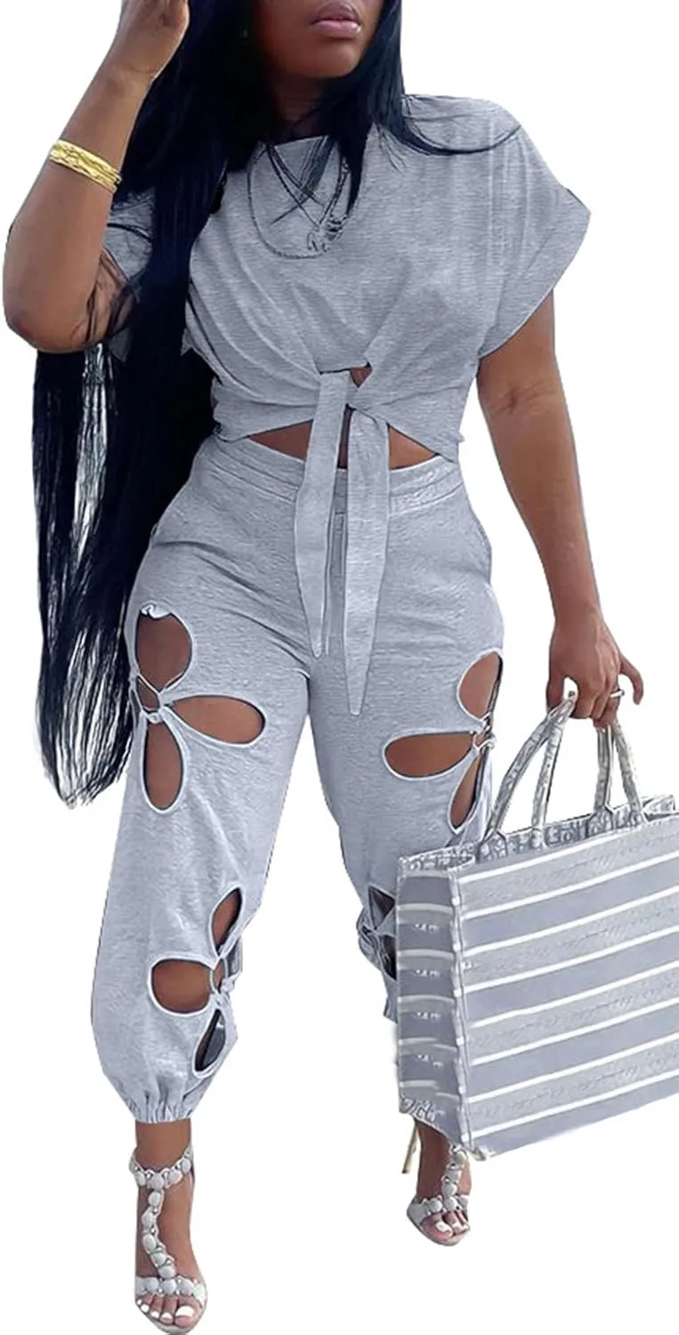 KEYUFANG Women 2 Piece Outfits Set Casual Crop Top Shirt Hollowed Out Sweatpants Women Fashion Tracksuit