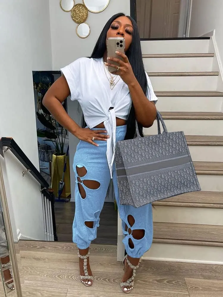 KEYUFANG Women 2 Piece Outfits Set Casual Crop Top Shirt Hollowed Out Sweatpants Women Fashion Tracksuit