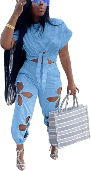 KEYUFANG Women 2 Piece Outfits Set Casual Crop Top Shirt Hollowed Out Sweatpants Women Fashion Tracksuit