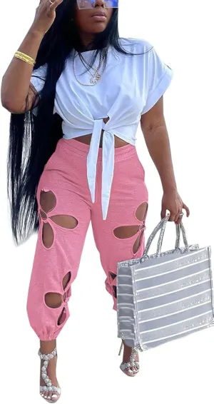 KEYUFANG Women 2 Piece Outfits Set Casual Crop Top Shirt Hollowed Out Sweatpants Women Fashion Tracksuit