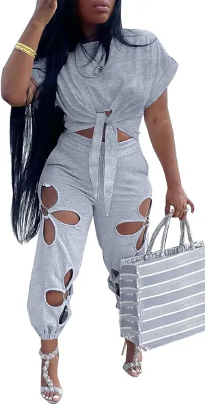 KEYUFANG Women 2 Piece Outfits Set Casual Crop Top Shirt Hollowed Out Sweatpants Women Fashion Tracksuit