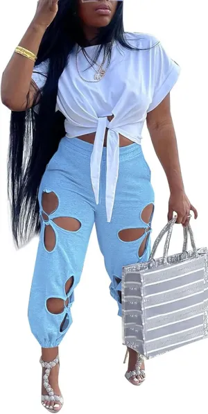 KEYUFANG Women 2 Piece Outfits Set Casual Crop Top Shirt Hollowed Out Sweatpants Women Fashion Tracksuit