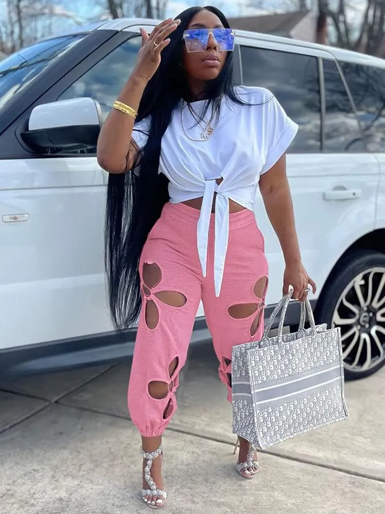 KEYUFANG Women 2 Piece Outfits Set Casual Crop Top Shirt Hollowed Out Sweatpants Women Fashion Tracksuit