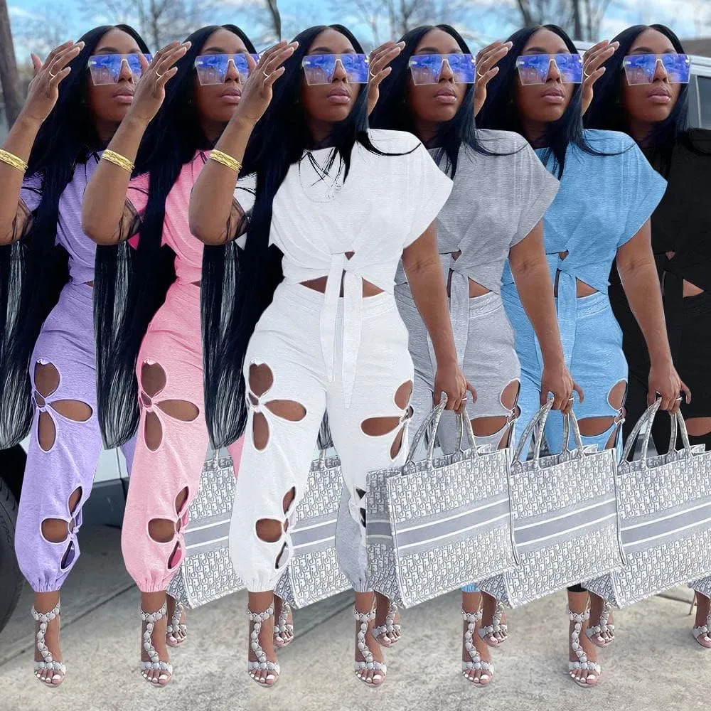 KEYUFANG Women 2 Piece Outfits Set Casual Crop Top Shirt Hollowed Out Sweatpants Women Fashion Tracksuit
