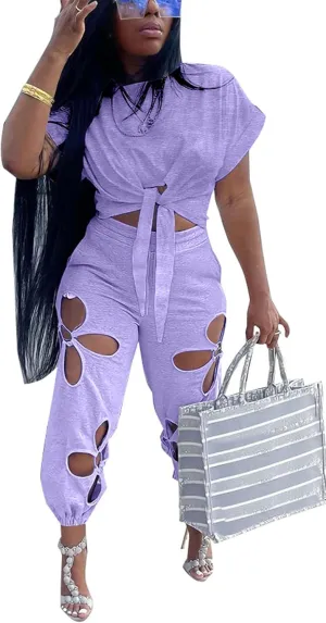 KEYUFANG Women 2 Piece Outfits Set Casual Crop Top Shirt Hollowed Out Sweatpants Women Fashion Tracksuit