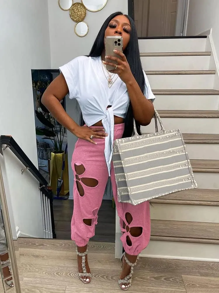 KEYUFANG Women 2 Piece Outfits Set Casual Crop Top Shirt Hollowed Out Sweatpants Women Fashion Tracksuit