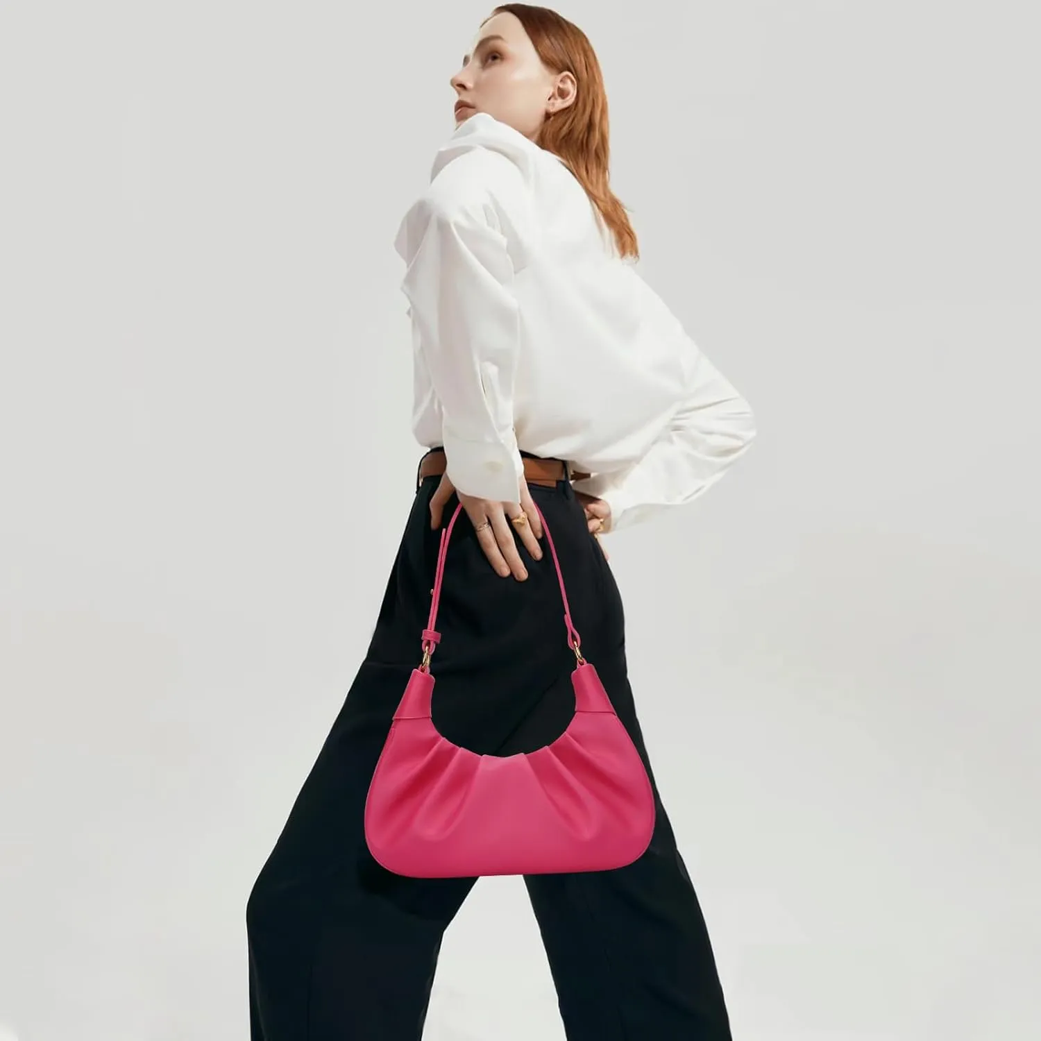 KKXIU Shoulder Bag Crescent Handbag Ruched Purse Underarm Bag Mini Hobo for Women,Detachable Gold Chain Crossbody Bag