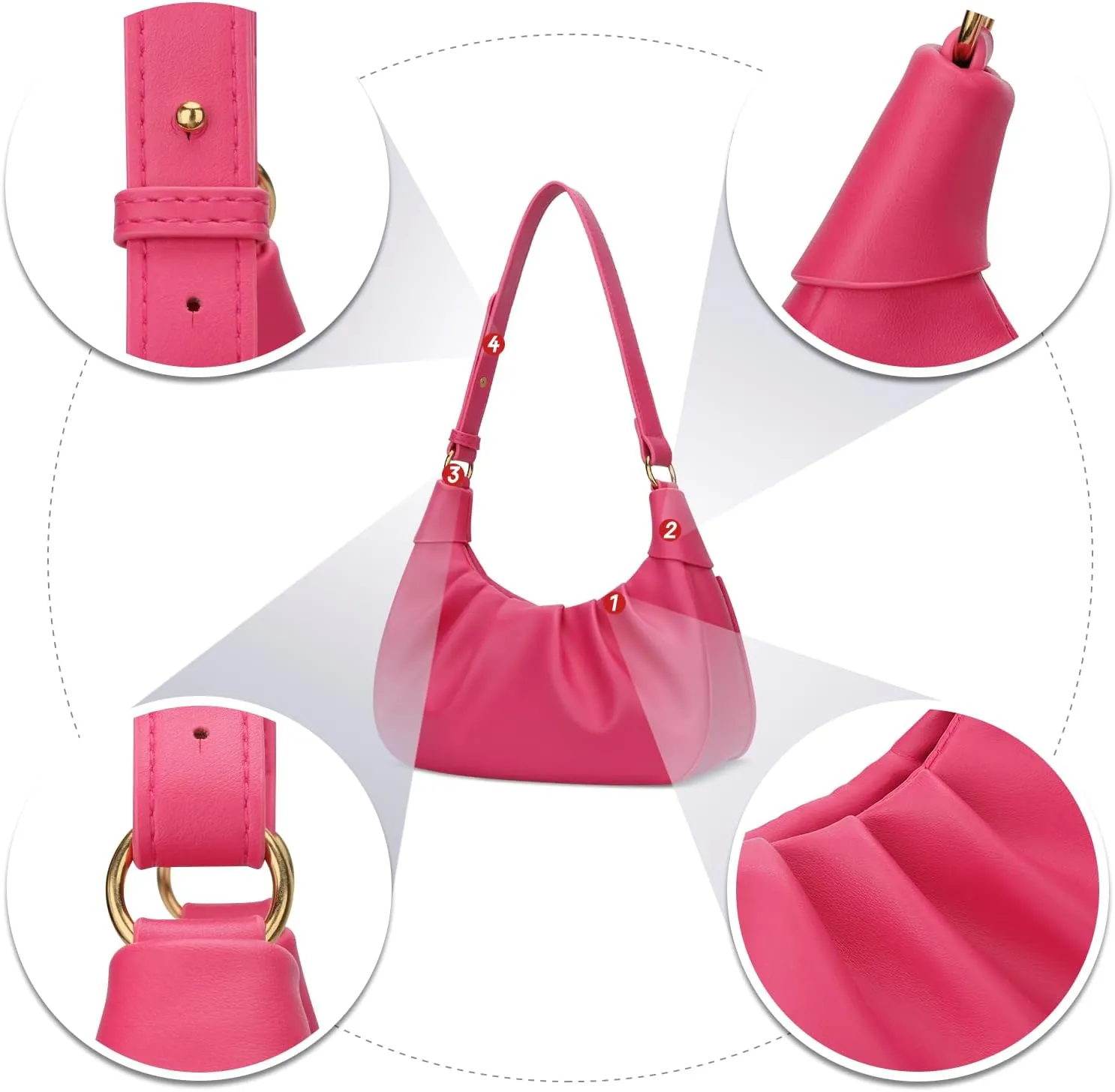 KKXIU Shoulder Bag Crescent Handbag Ruched Purse Underarm Bag Mini Hobo for Women,Detachable Gold Chain Crossbody Bag