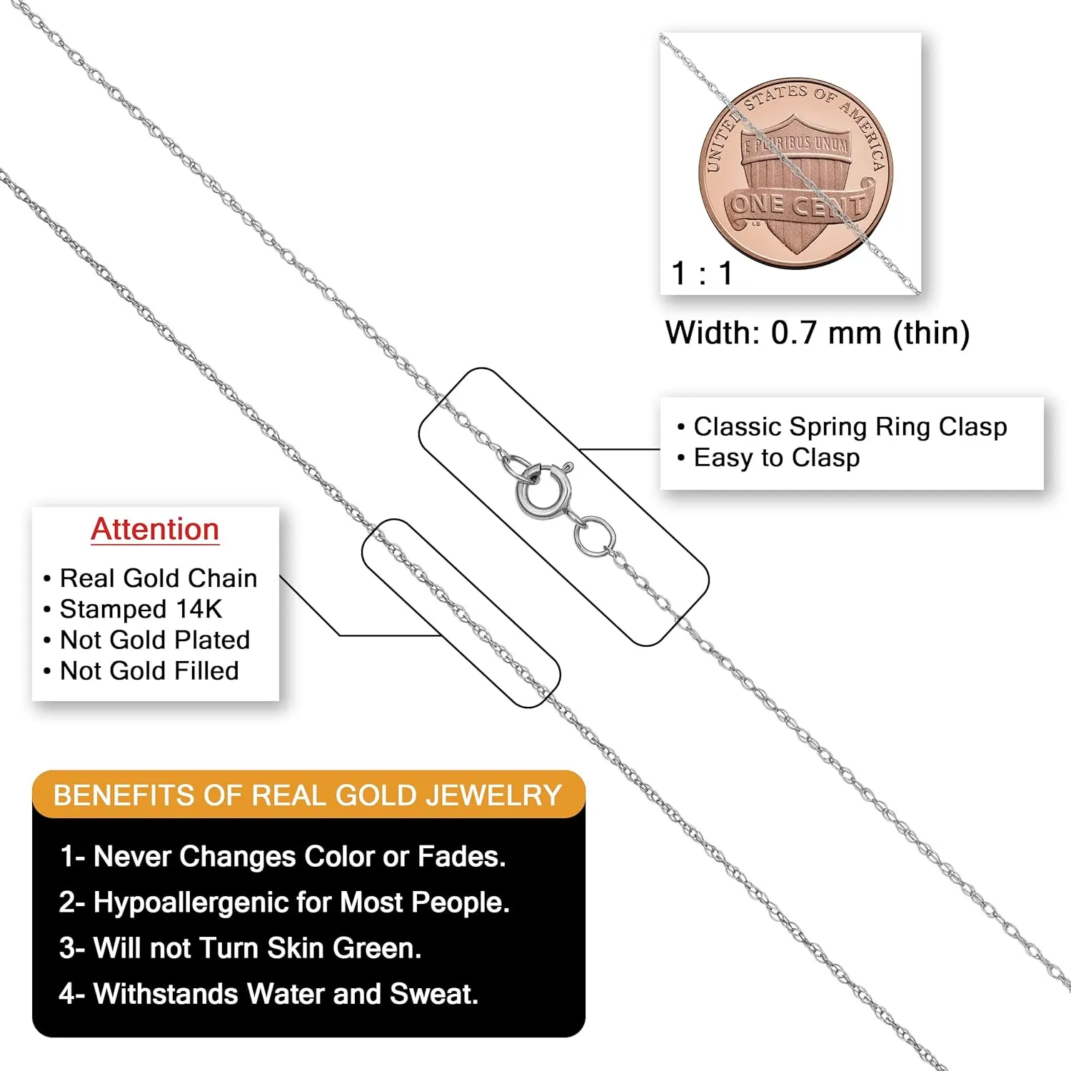 Kooljewelry 14k White Gold Rope Chain Barely-There Necklace For Women (0.7 mm, 0.9 mm, 1 mm or 1.3 mm) - Thin And Lightweight