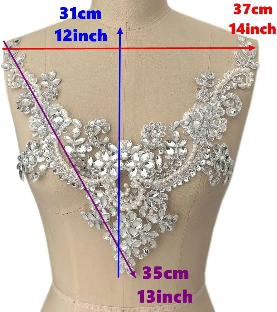 Lace Flower Beads Pearl Patches,Sew on Rhinestones Appliques for Dress Clothing Neckline (White)