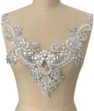 Lace Flower Beads Pearl Patches,Sew on Rhinestones Appliques for Dress Clothing Neckline (White)