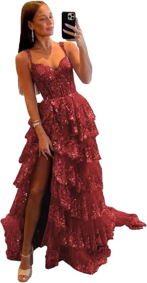 Lace Tulle Tiered Prom Dresses 2025 Long Slit Spaghetti Straps Sparkly Corset Formal Evening Party Gowns