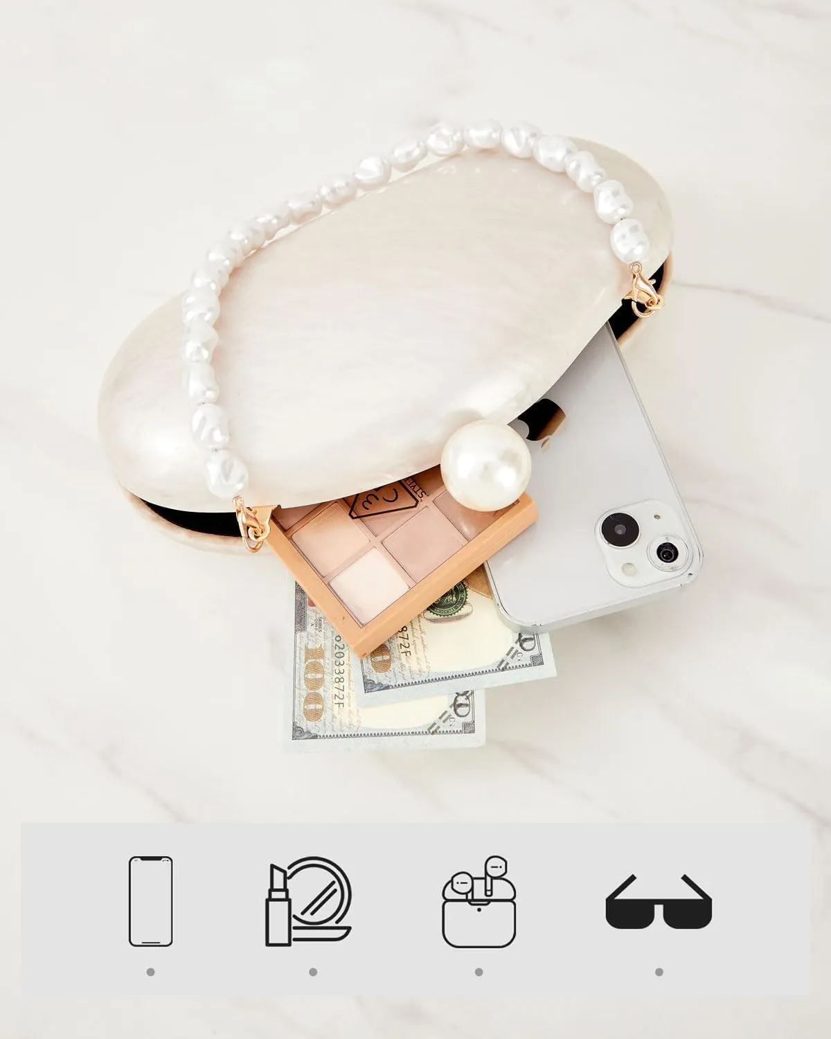 Ladies' Acrylic Shell-shaped Handbag Chic Evening Clutch Bag Paired With A Baroque Irregular Pearl Chain Strap