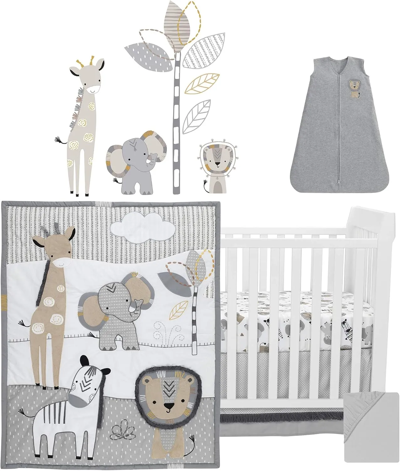 Lambs & Ivy Jungle Safari Gray/Tan/White Nursery 6-Piece Baby Crib Bedding Set