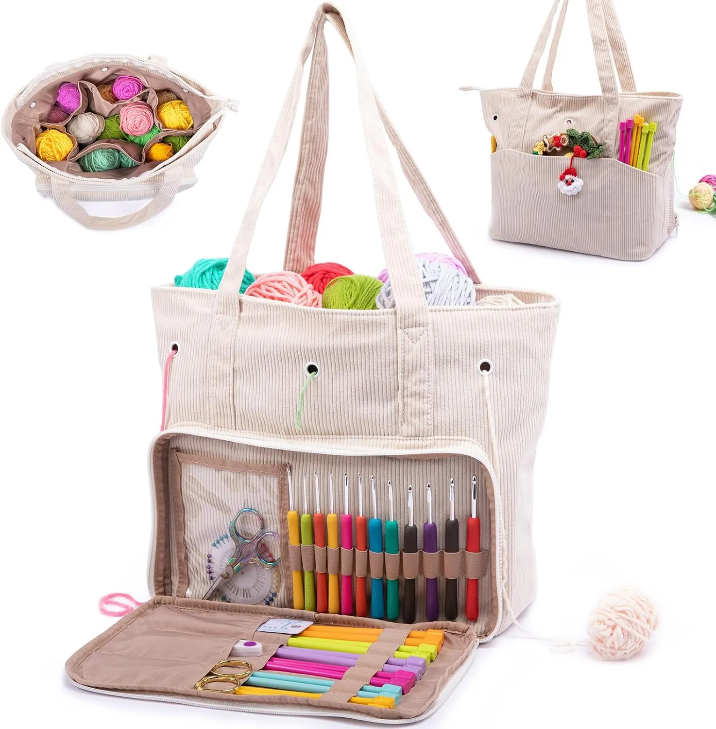 Large Corduroy Yarn Bag - Tote for Crochet Hooks & Accessories - Knitting Storage Bag