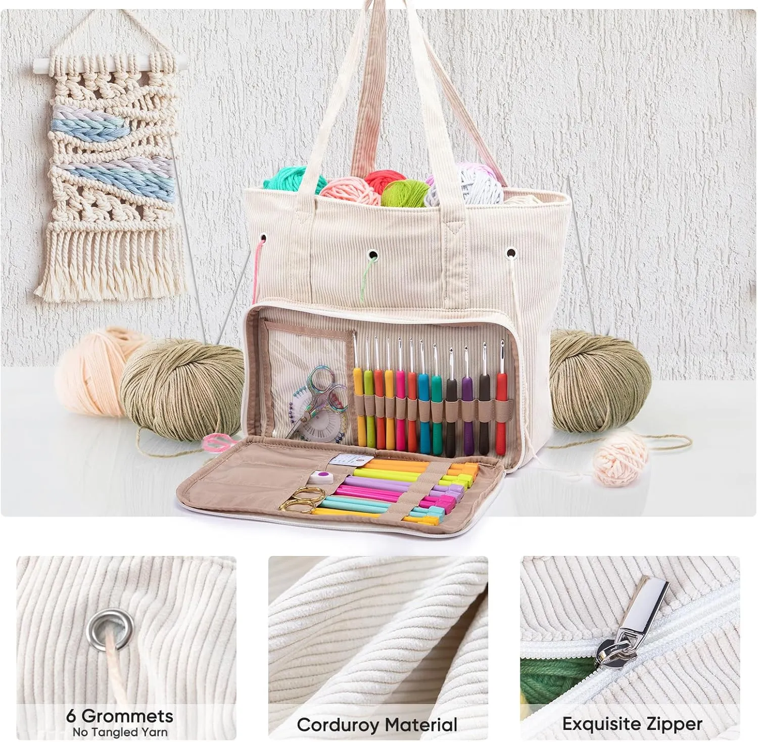 Large Corduroy Yarn Bag - Tote for Crochet Hooks & Accessories - Knitting Storage Bag