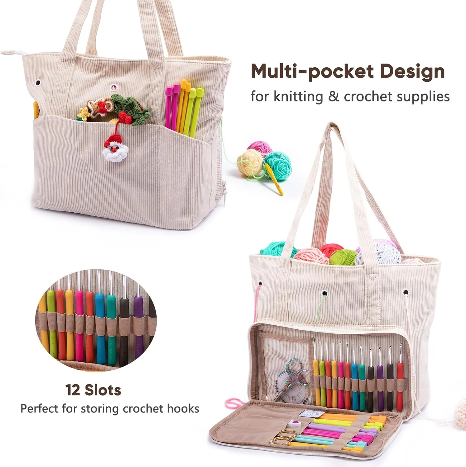 Large Corduroy Yarn Bag - Tote for Crochet Hooks & Accessories - Knitting Storage Bag