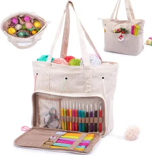 Large Corduroy Yarn Bag - Tote for Crochet Hooks & Accessories - Knitting Storage Bag