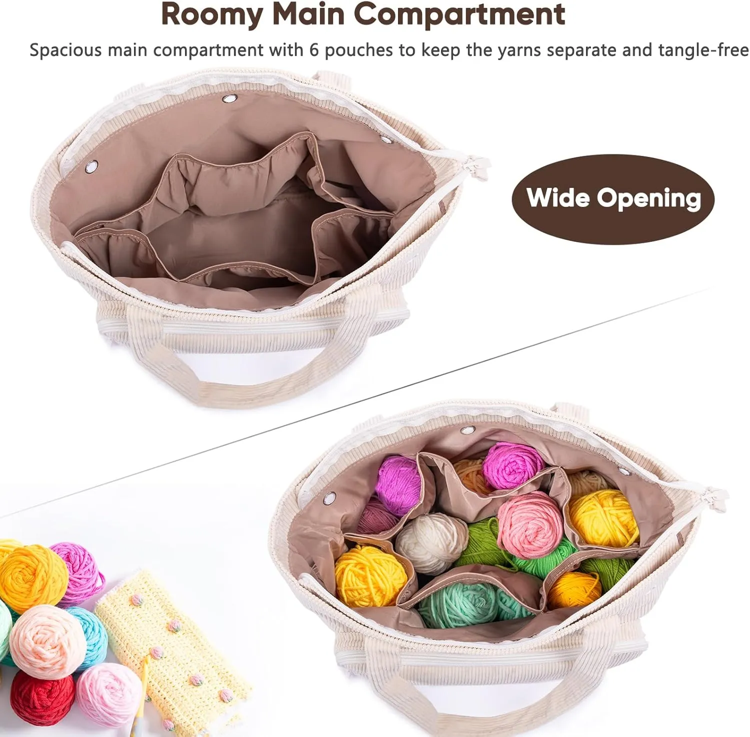 Large Corduroy Yarn Bag - Tote for Crochet Hooks & Accessories - Knitting Storage Bag