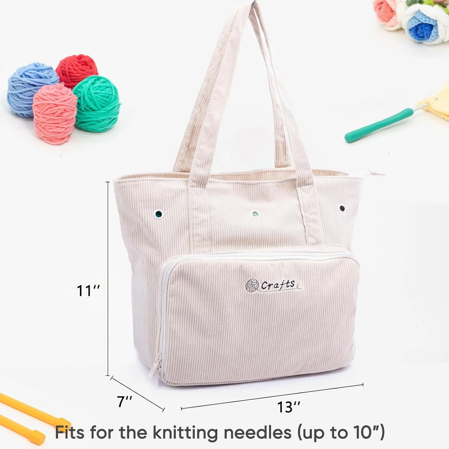 Large Corduroy Yarn Bag - Tote for Crochet Hooks & Accessories - Knitting Storage Bag
