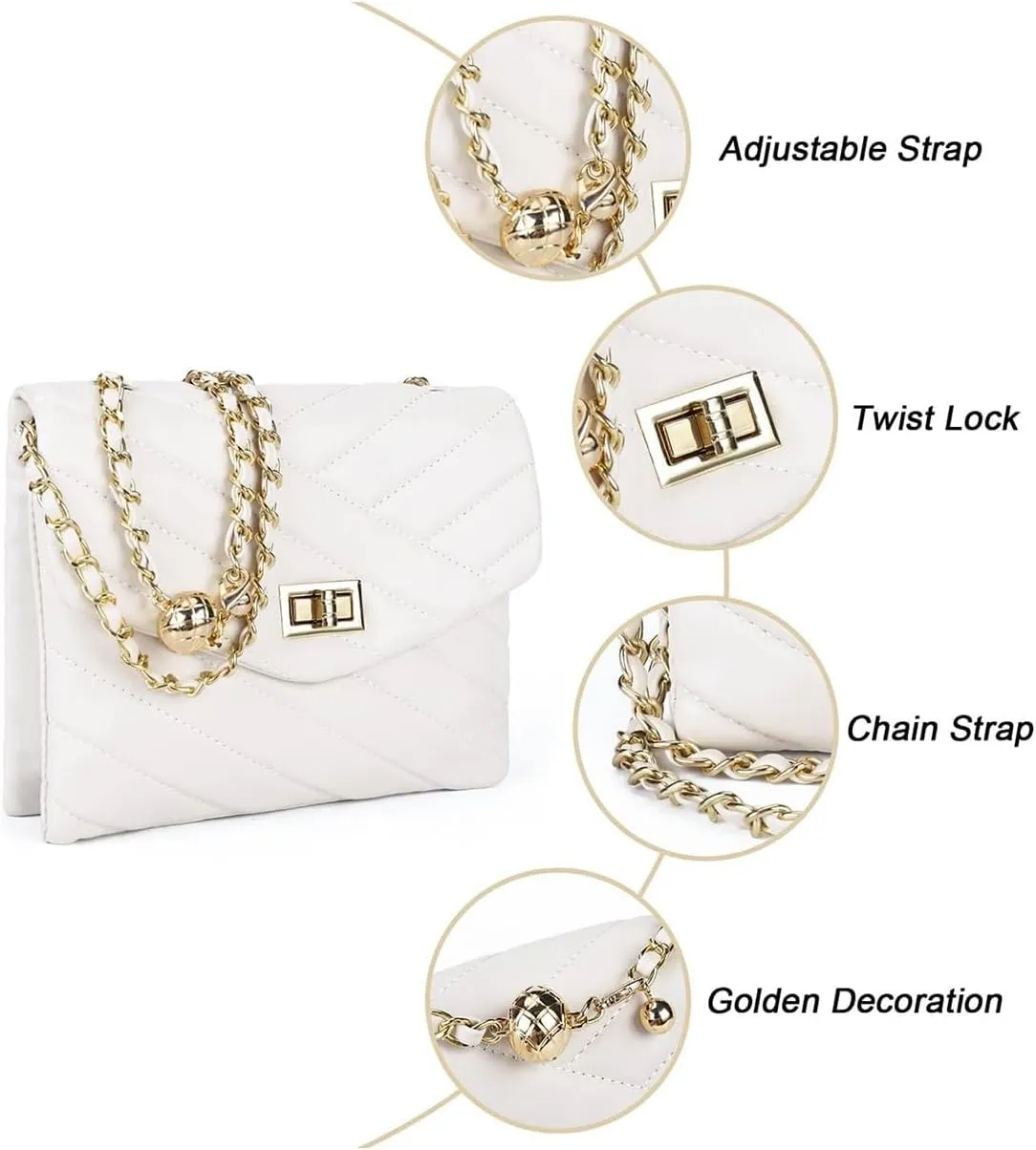 LAVTUG Quilted Crossbody Bags for Women - Vegan Leather Cute Small Purse with Gold Chain Strap, Trendy Designer Bag for Teens