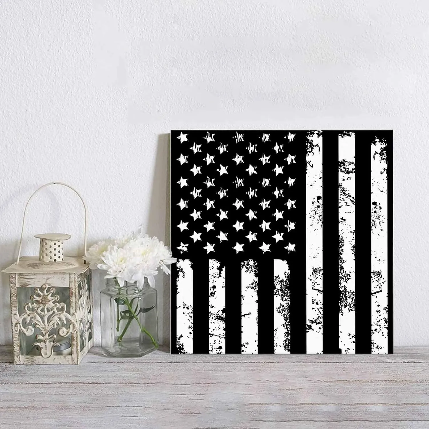 LDLYTZXK 4th of July Black Flag Square Canvas Wall Art, Stars Stripes Canvas Painting for Office Living Room Bedroom Bathroom, Modern Giclee Artwork Prints Pictures as Home Decor, 24x24inch