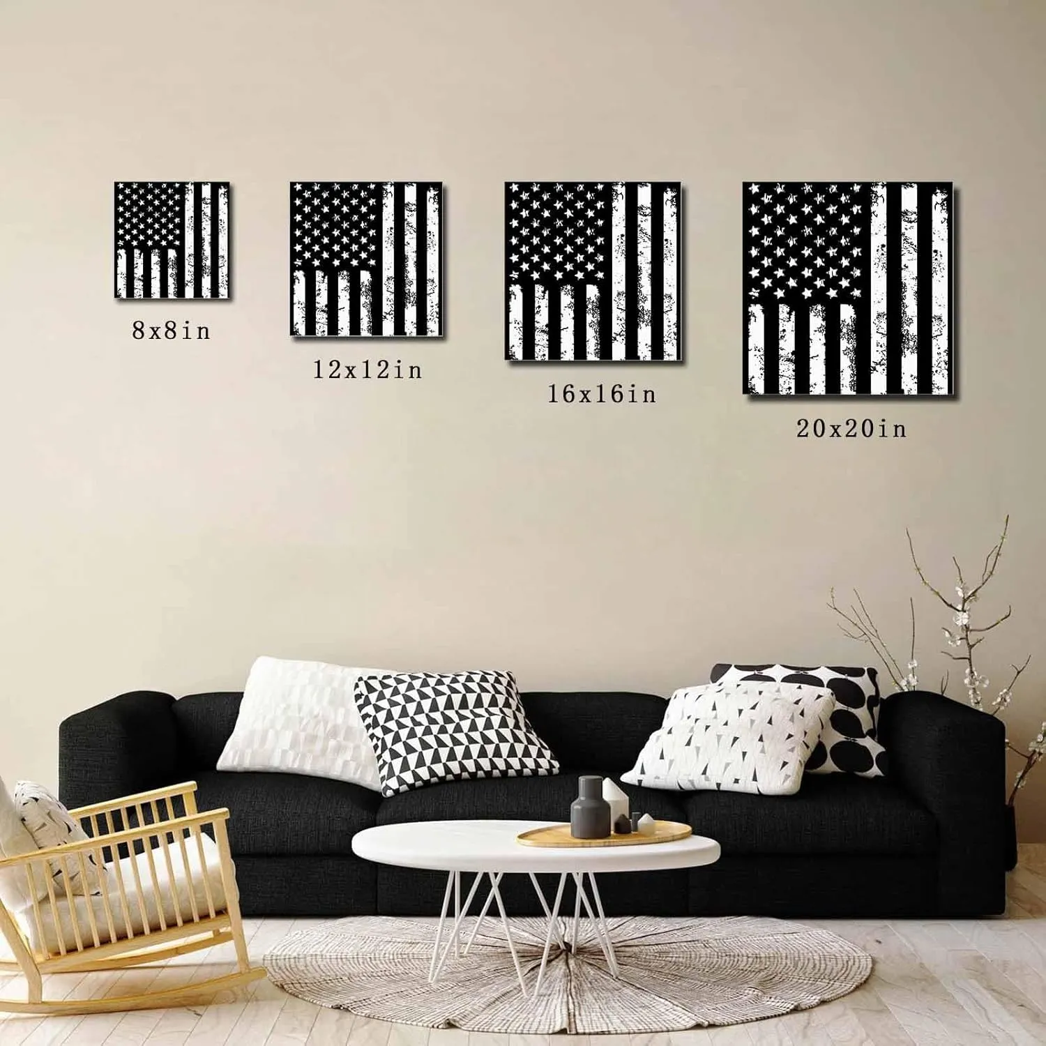 LDLYTZXK 4th of July Black Flag Square Canvas Wall Art, Stars Stripes Canvas Painting for Office Living Room Bedroom Bathroom, Modern Giclee Artwork Prints Pictures as Home Decor, 24x24inch