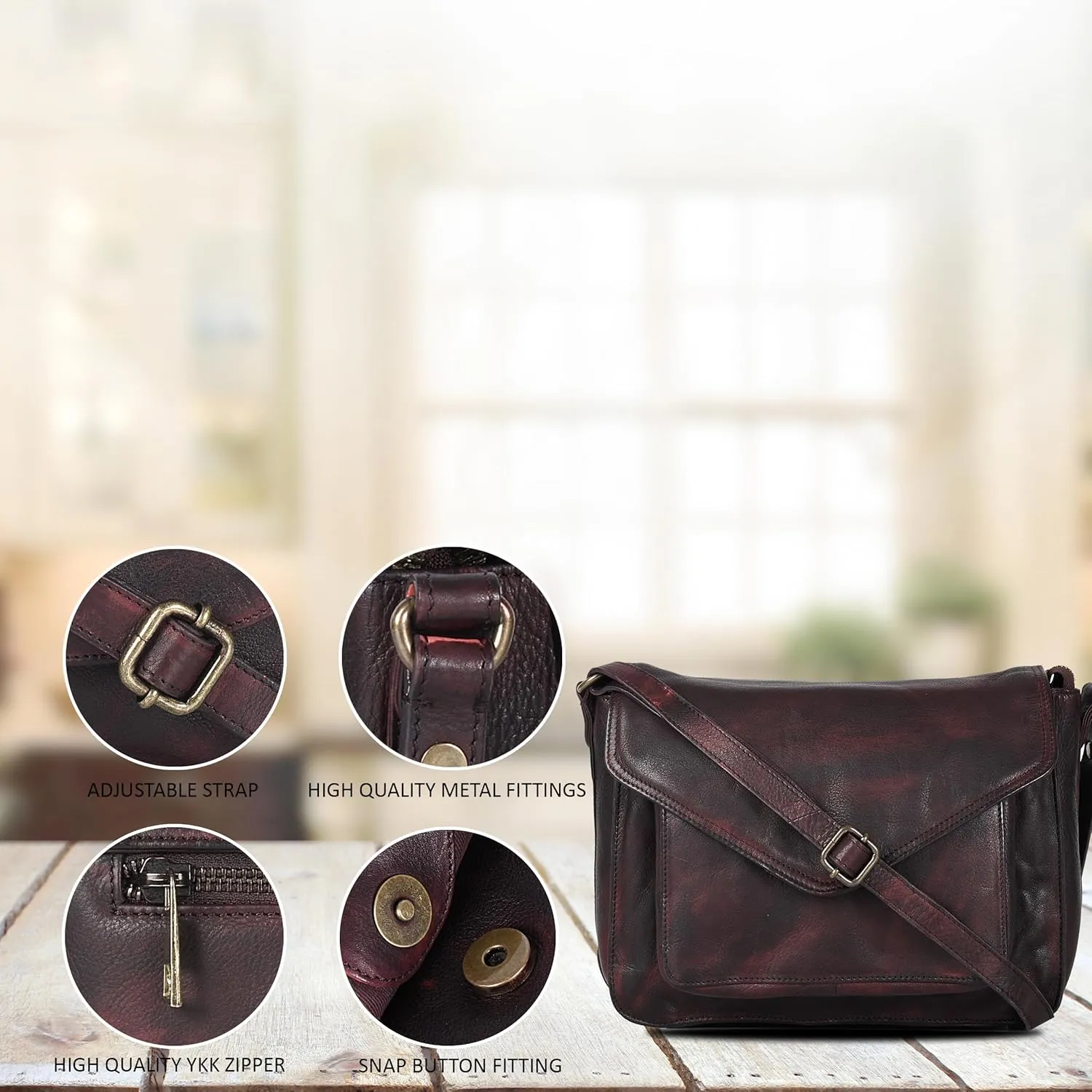 Leather Flapover Crossbody Handbag Purse for Women with Adjustable Strap & Overflap Snap Closure Tote/Bag