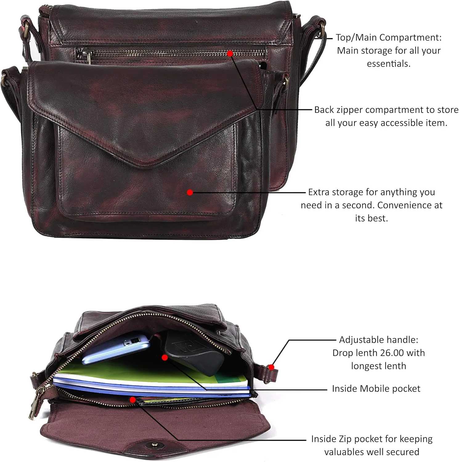 Leather Flapover Crossbody Handbag Purse for Women with Adjustable Strap & Overflap Snap Closure Tote/Bag