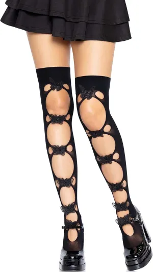 Leg Avenue Womens Opaque Net Cut-out Butterfly Applique Thigh Highs